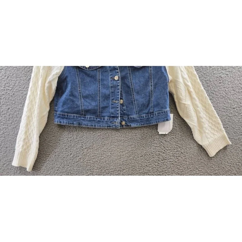 1. State Sweater-Sleeve Denim Jacket Women's M Blue/Ivory Button Closure L/S
